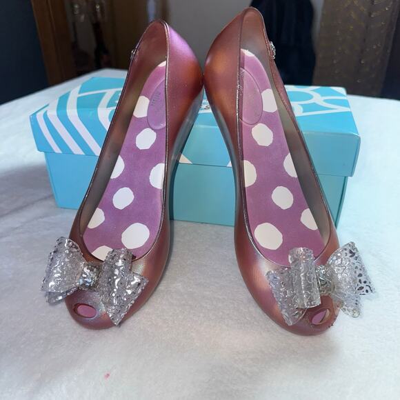 New Vivienne Westwood Melissa Pink Jelly Ballerina Flats Silver Bow Shoes Size 7 - Picture 1 of 5